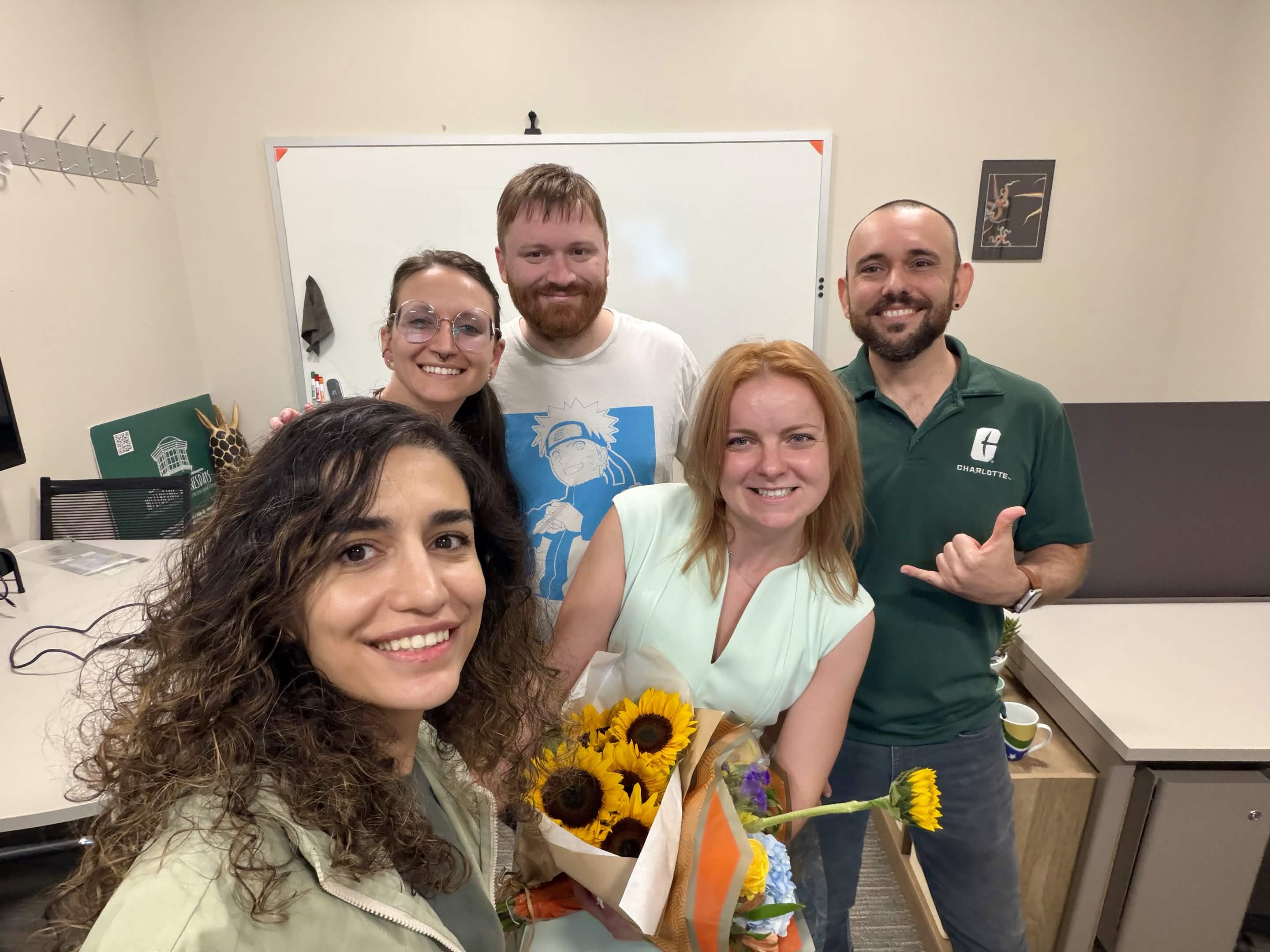 Anastasiia Duchenko celebrates her proposal defense with members of the Phyloinformatics Lab and friends on September 16, 2026. Left to right: Reyhaneh, Hannah, Steve, Anastasiia, and Denis.