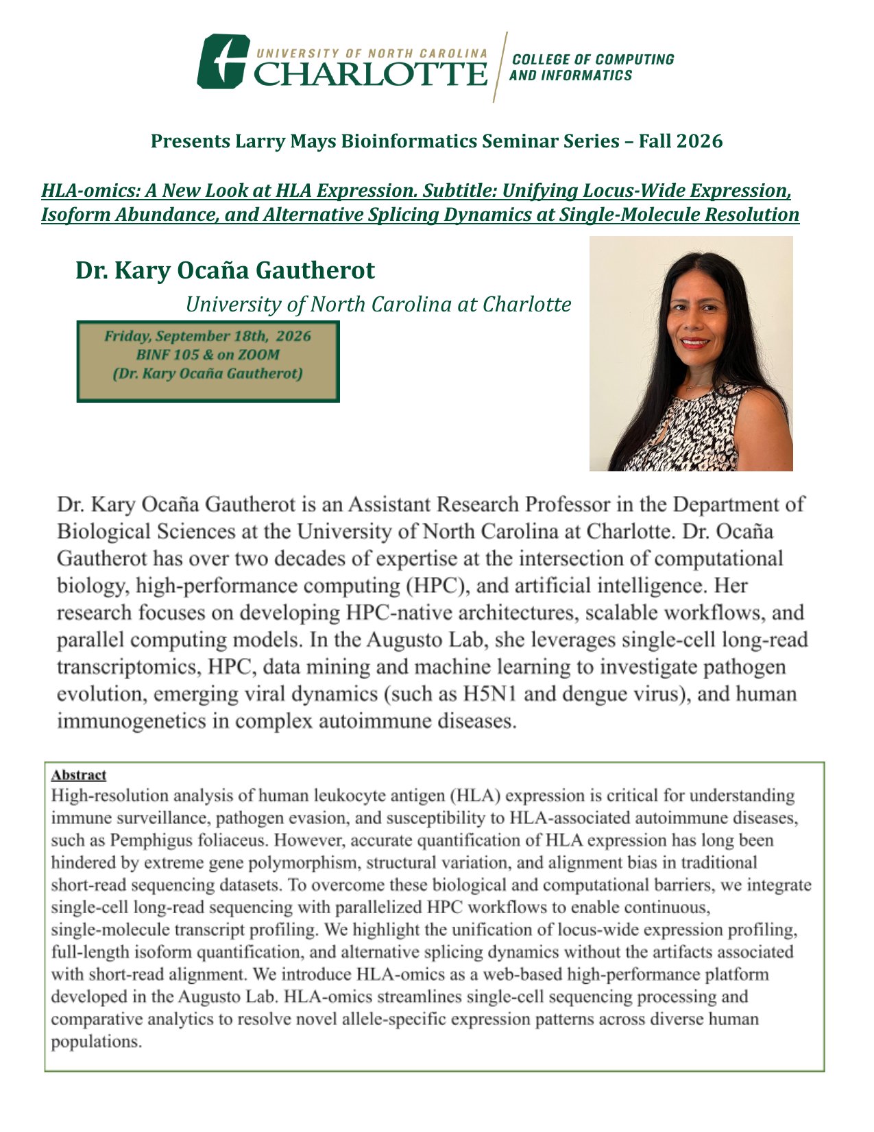 Dr. Kary Ocaña Gautherot presents 'HLA-omics: A New Look at HLA Expression' at the Larry Mays Bioinformatics Seminar Series on Friday, September 18, 2026, in Bioinformatics Building Room 105 and on Zoom.